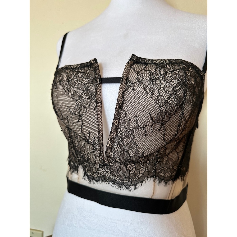 Black Floral‎ Eyelash Lace Corset Crop Top Deep V-Neck Sheer Mesh Bustier